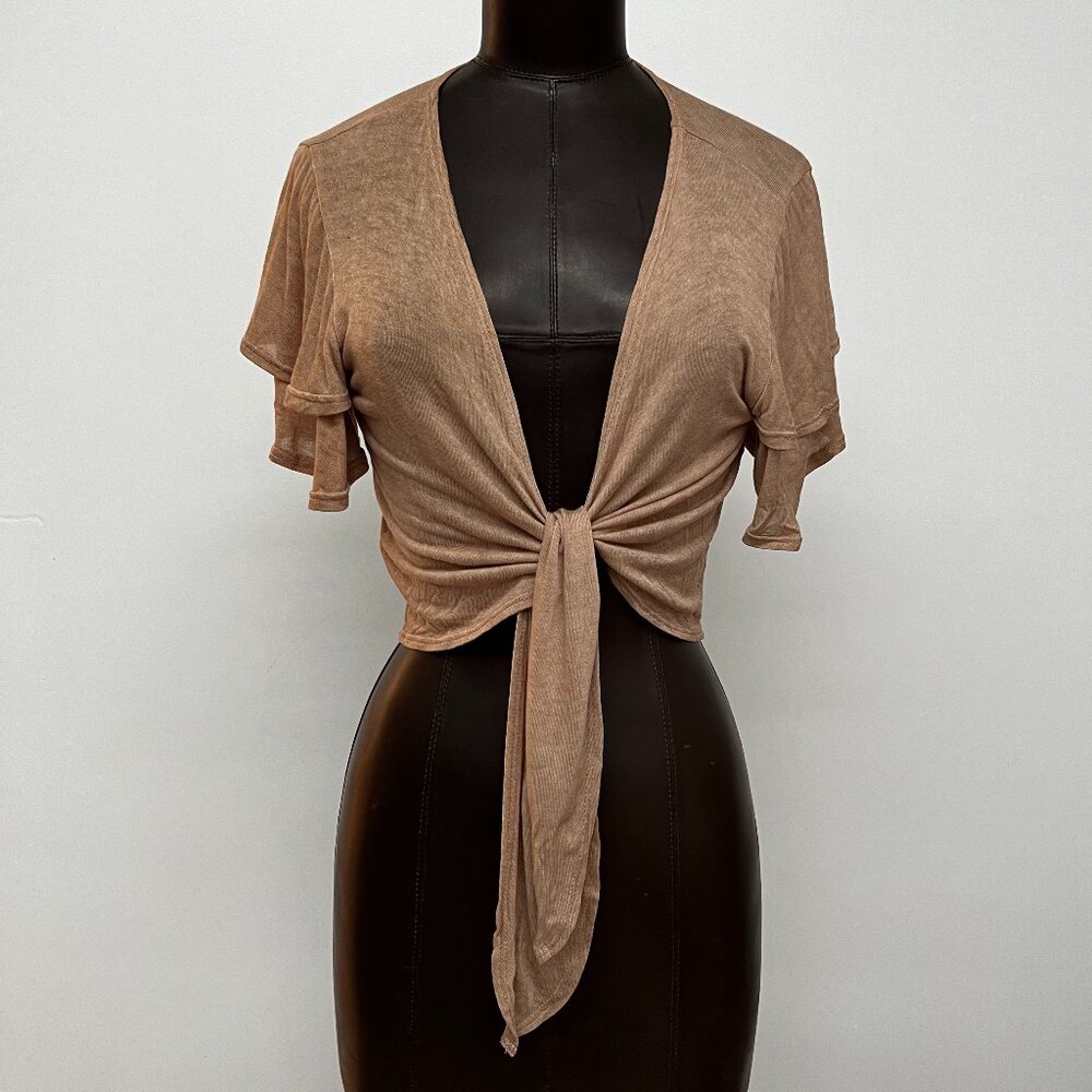 Scotty - Tan Brown Cropped Knit Tie Up Cardigan, Size: Medium